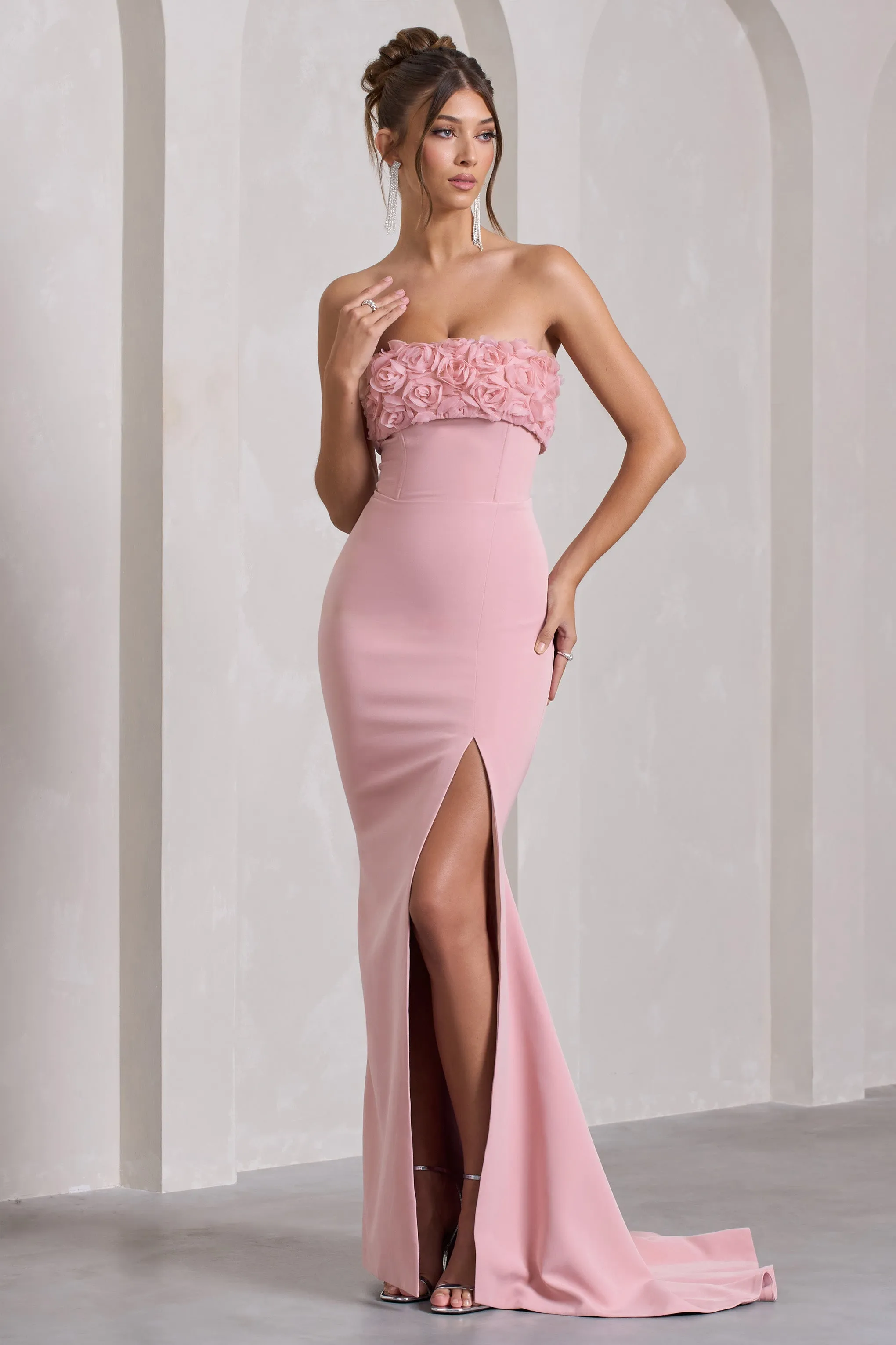 Allegra | Robe longue rose en bandeau queue de poisson et fleurs