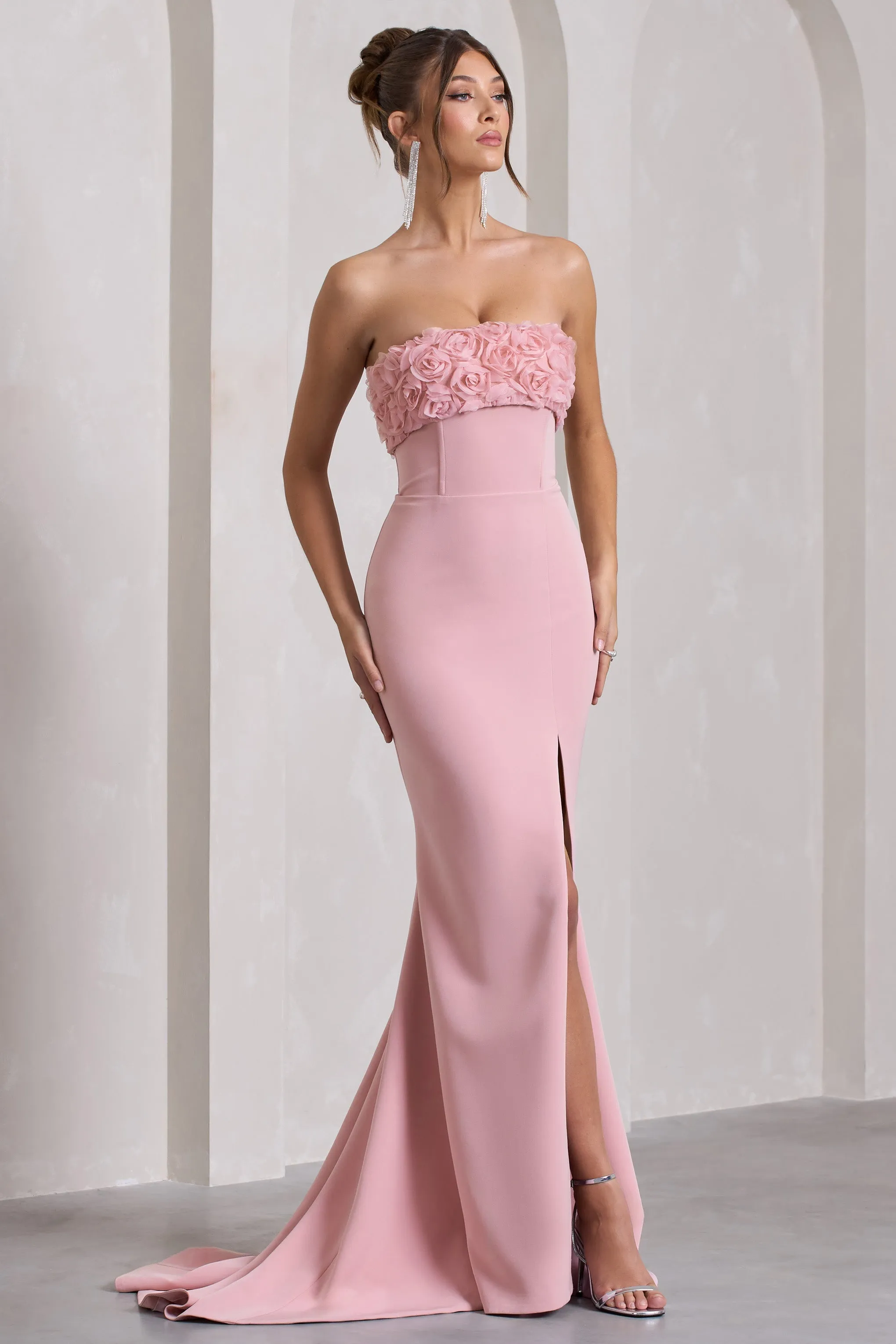 Allegra | Robe longue rose en bandeau queue de poisson et fleurs