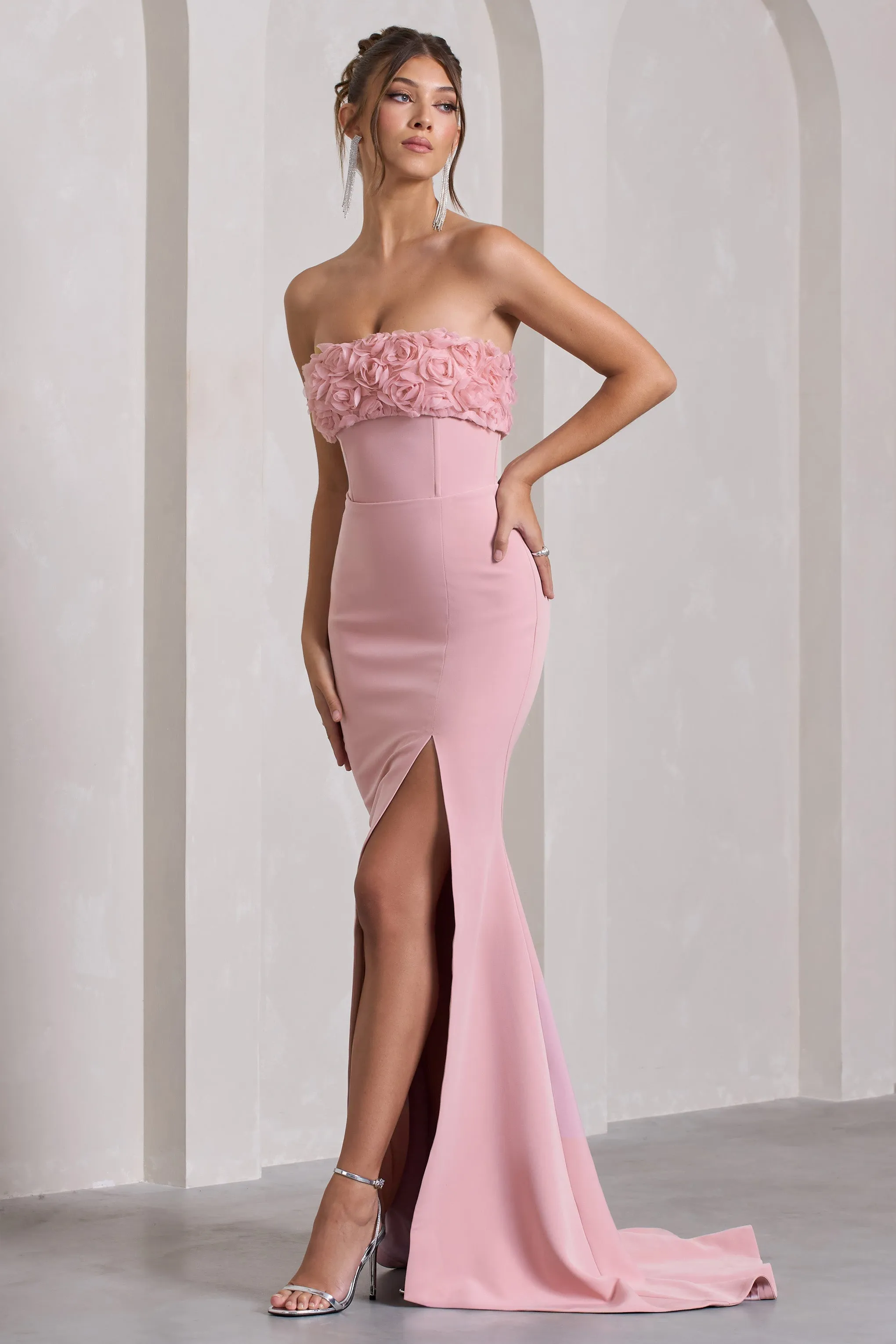 Allegra | Robe longue rose en bandeau queue de poisson et fleurs