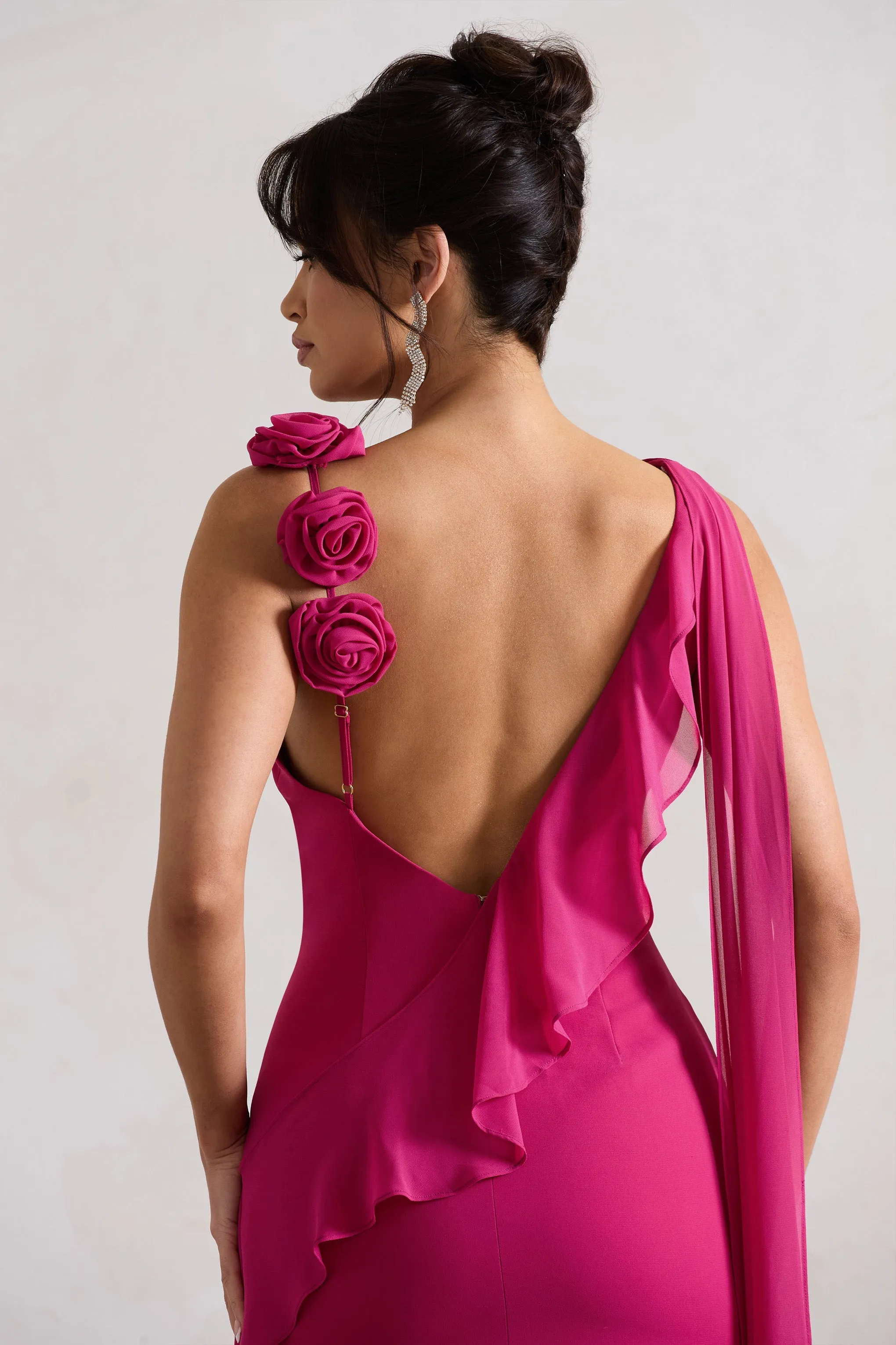 Angeline | Robe longue rose foncé en mousseline drapée avec cosage fleurit