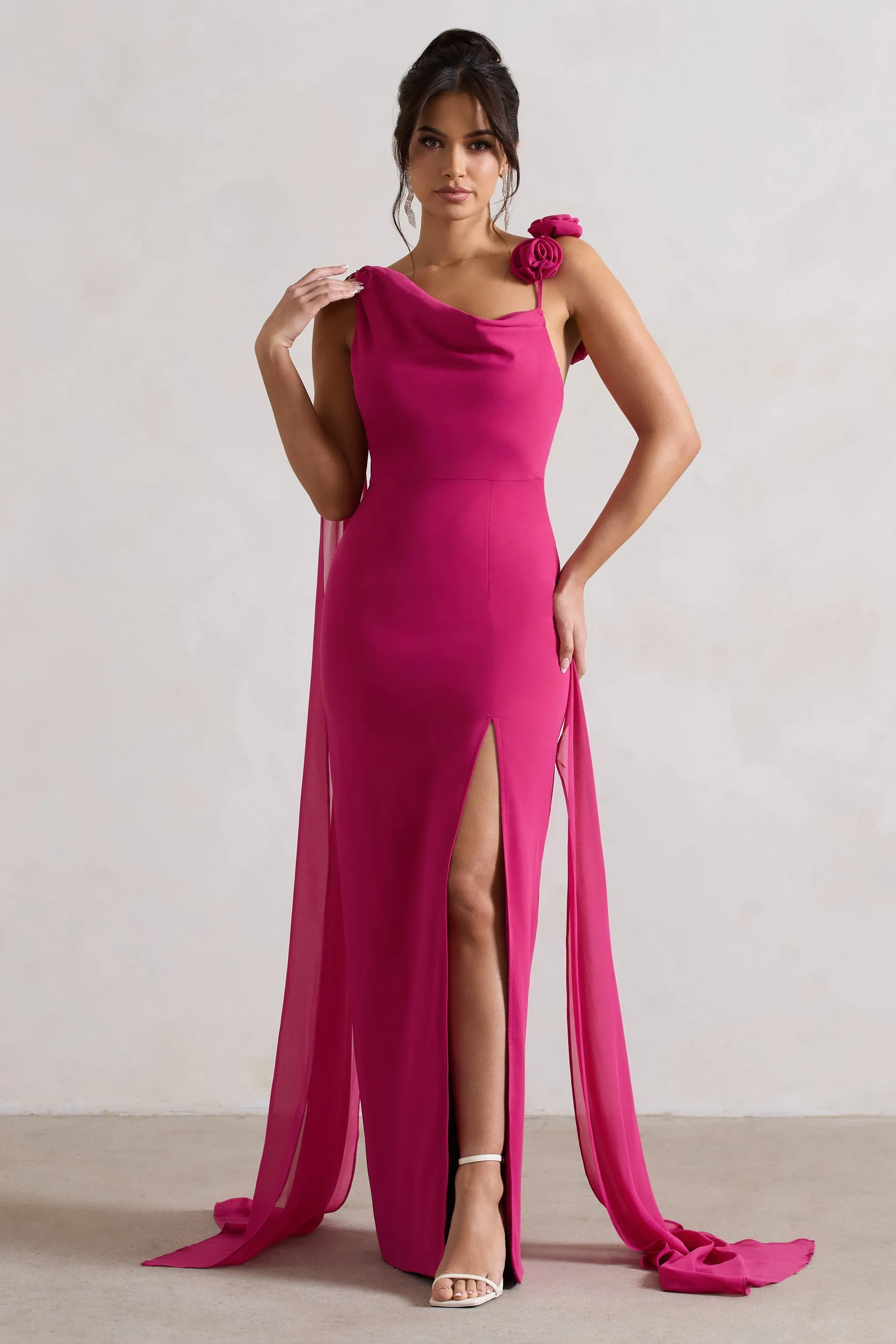 Angeline | Robe longue rose foncé en mousseline drapée avec cosage fleurit