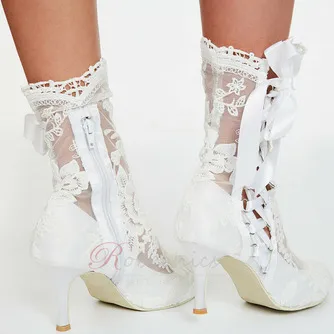 Bottes de mode pour femmes à talons hauts creux en dentelle blanche Bottes pour femmes de mariage