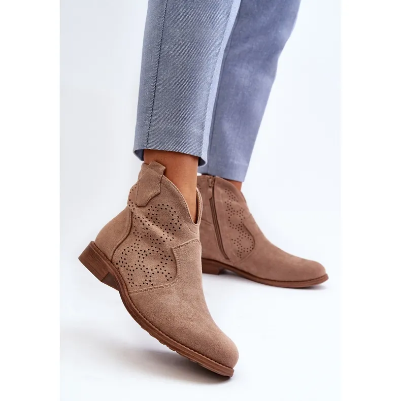 Bottines Ajourées À Talons Plats Pour Femme Beige S.Barski HY66-151