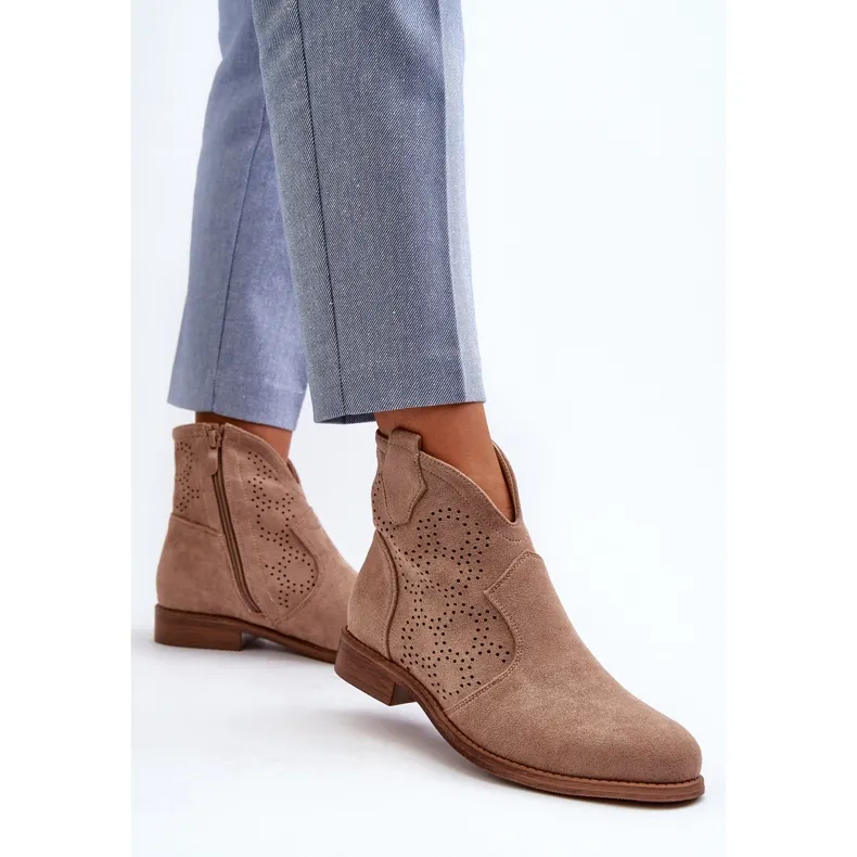 Bottines Ajourées À Talons Plats Pour Femme Beige S.Barski HY66-151