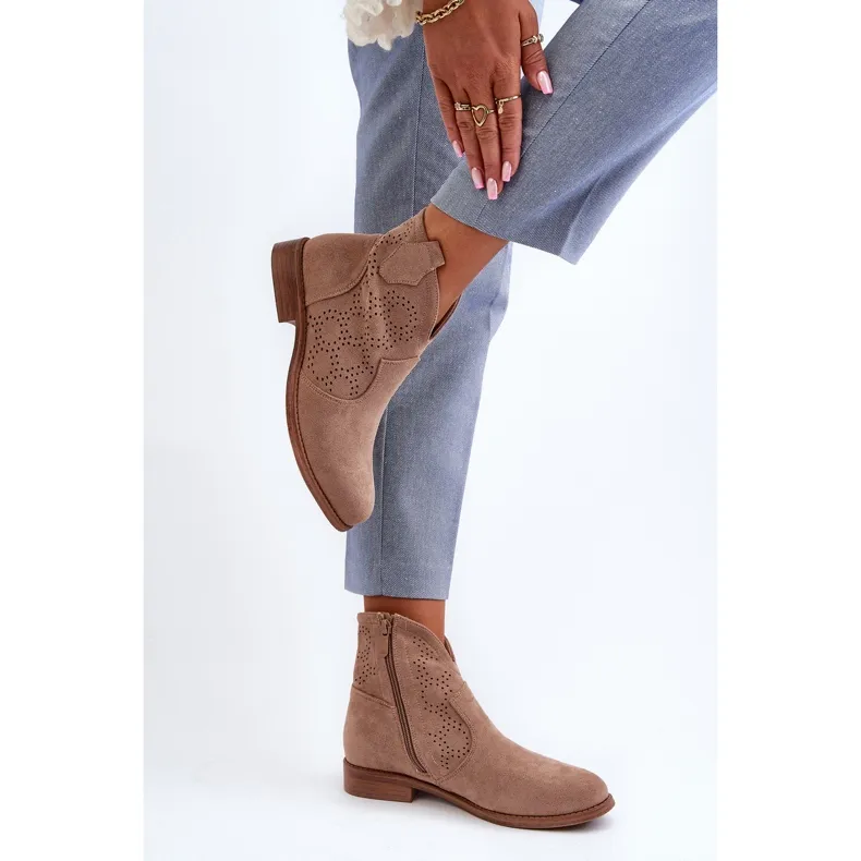 Bottines Ajourées À Talons Plats Pour Femme Beige S.Barski HY66-151