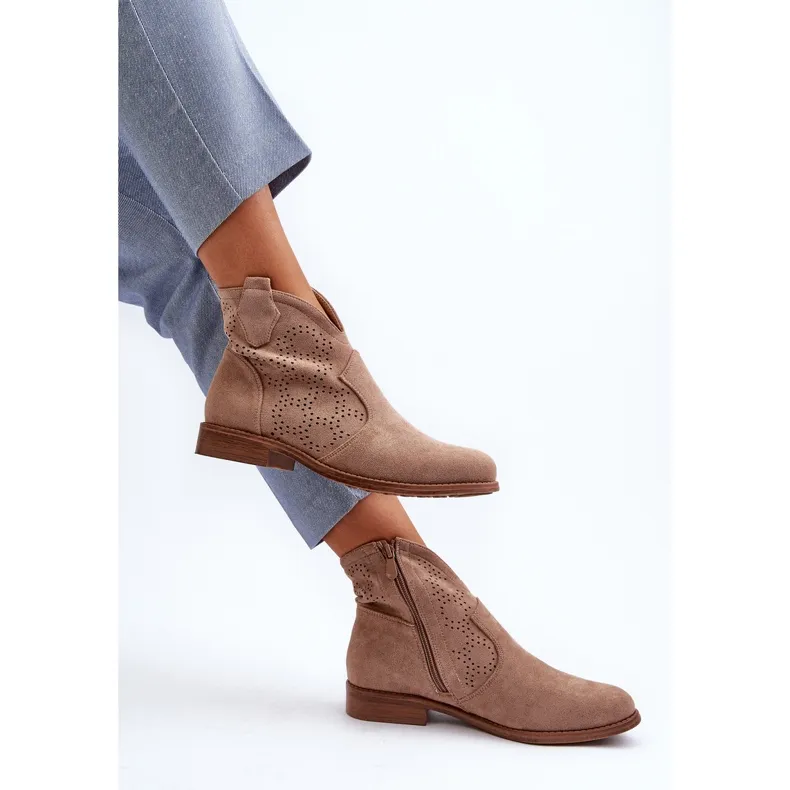 Bottines Ajourées À Talons Plats Pour Femme Beige S.Barski HY66-151