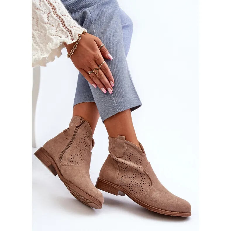 Bottines Ajourées À Talons Plats Pour Femme Beige S.Barski HY66-151