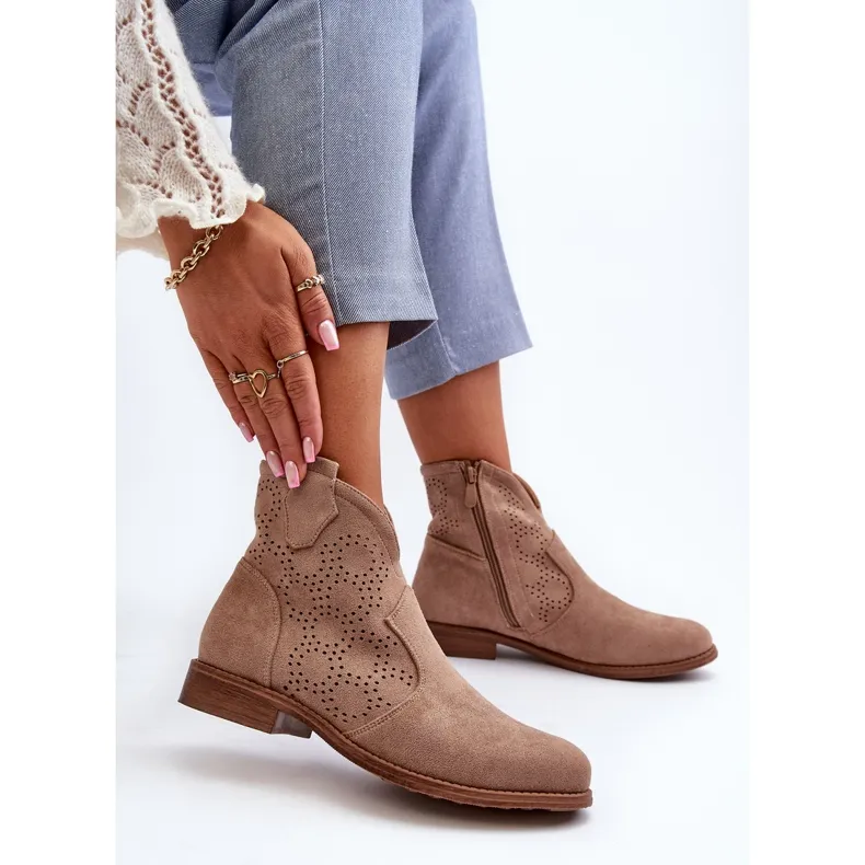 Bottines Ajourées À Talons Plats Pour Femme Beige S.Barski HY66-151