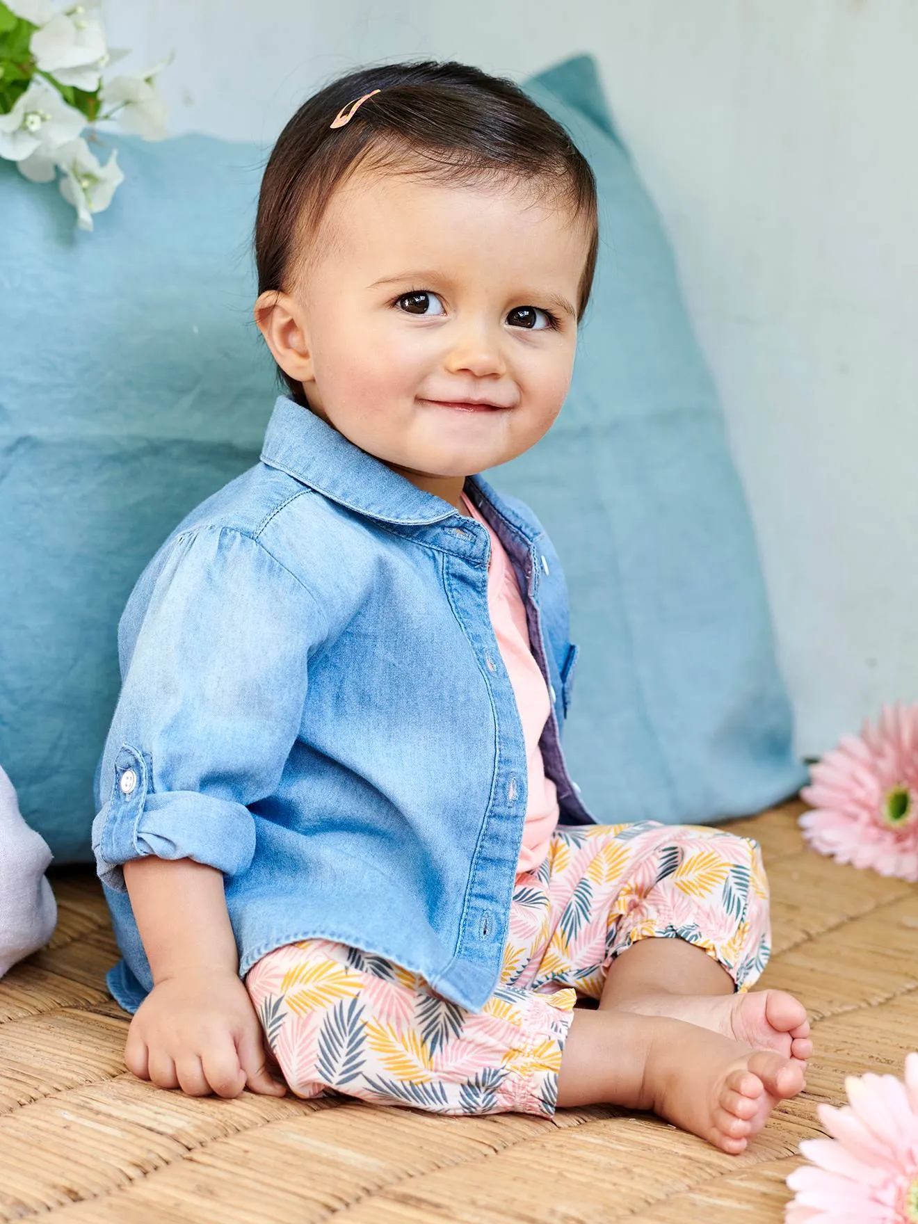 Chemise en jean délavé bébé fille personnalisable denim bleached - Vertbaudet