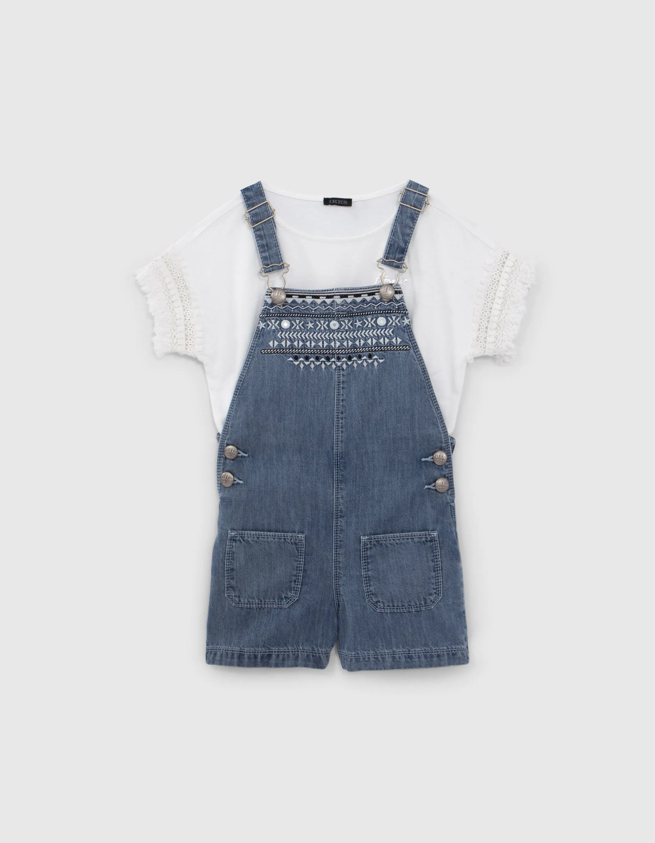 Ensemble salopette-short en jean et T-shirt blanc fille