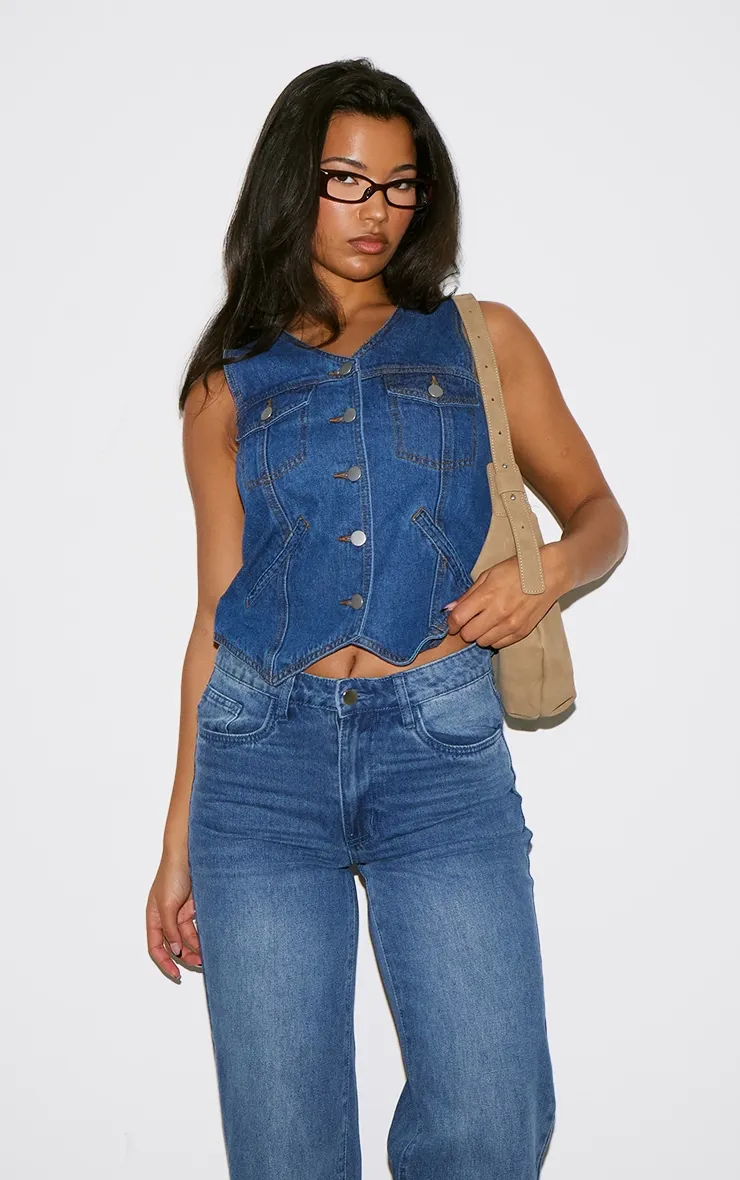 Gilet oversize sans manches en jean bleu moyen délavé