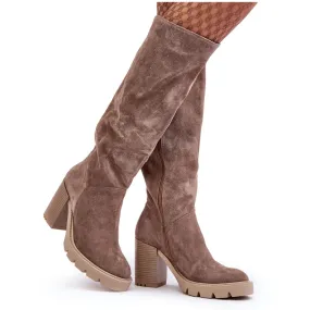 Lewski Shoes Bottes à talons hauts en daim pour femmes, beige foncé, Lewski 3371