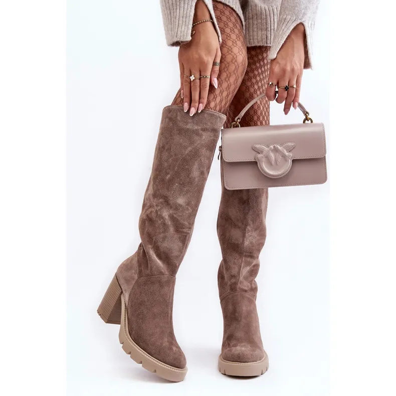 Lewski Shoes Bottes à talons hauts en daim pour femmes, beige foncé, Lewski 3371