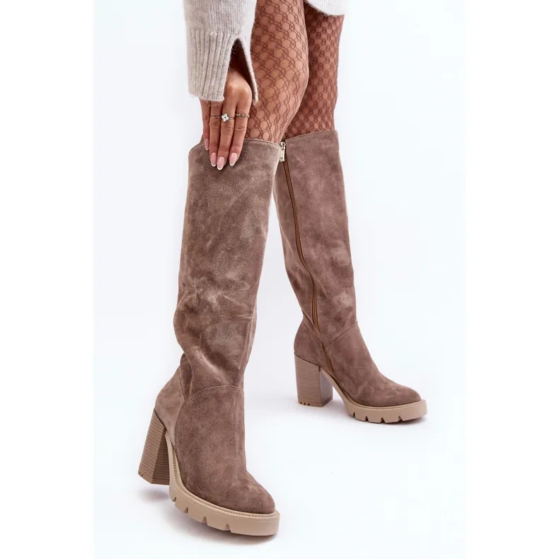 Lewski Shoes Bottes à talons hauts en daim pour femmes, beige foncé, Lewski 3371