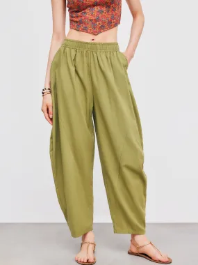 Pantalon baril à poches unies et taille mi-haute en mélange de lin