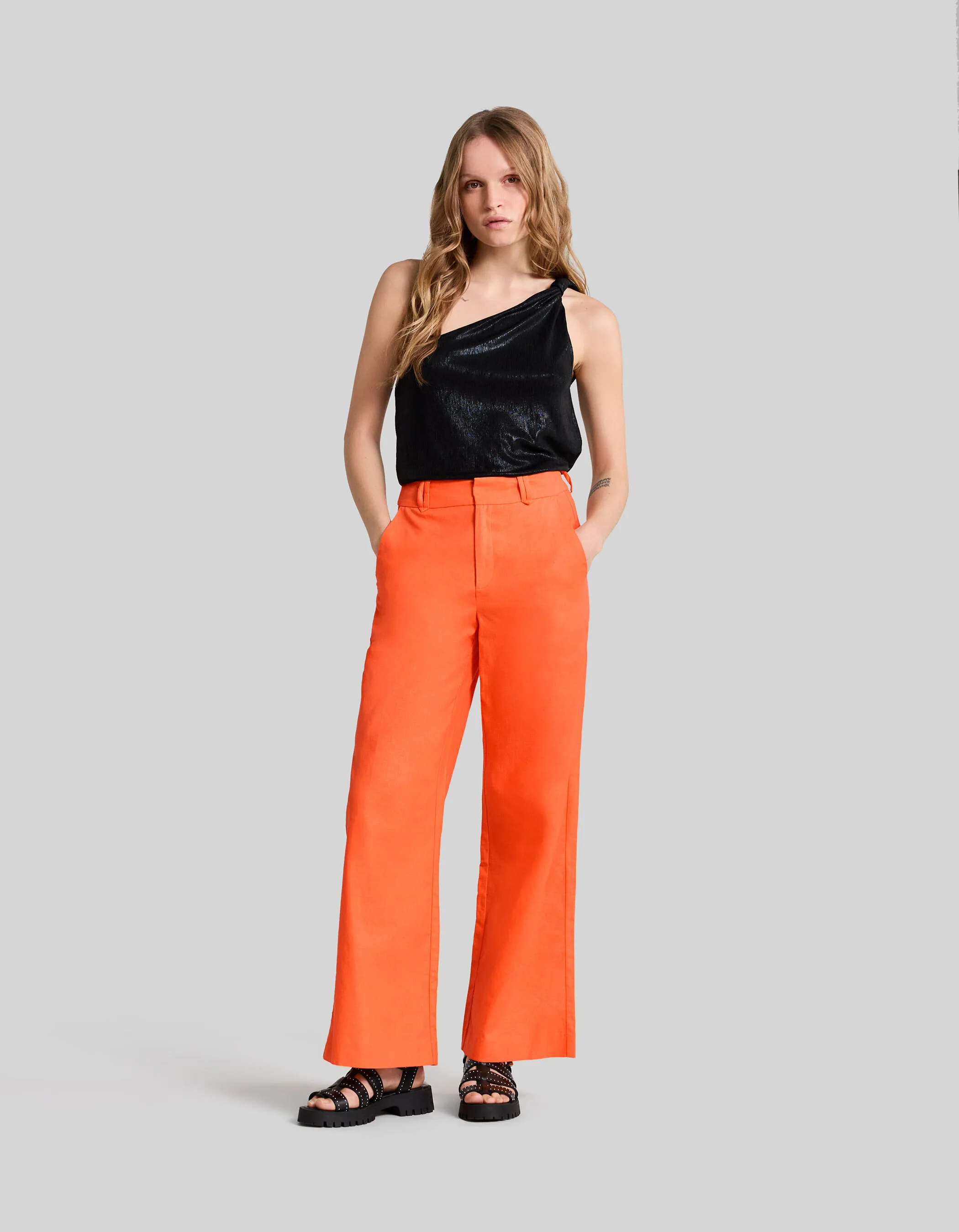 Pantalon de costume orange coton lin Femme