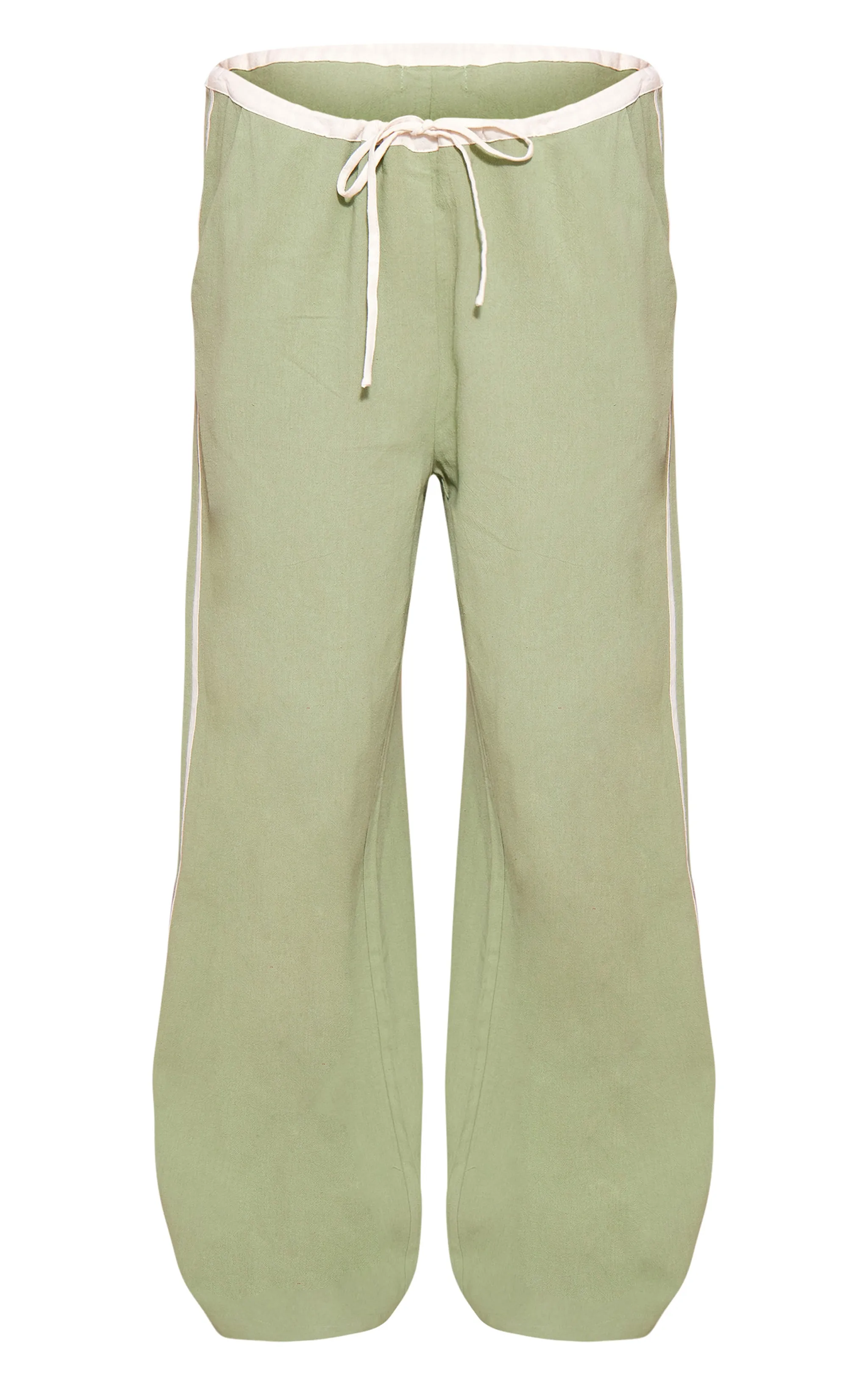 Pantalon en effet lin vert sauge à rayures contrastantes et cordons ajustables