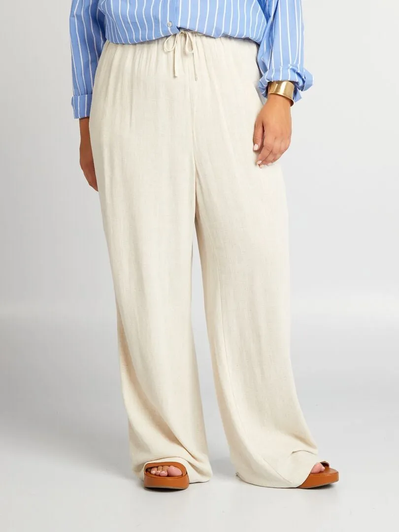 Pantalon large à taille élastiquée - Beige