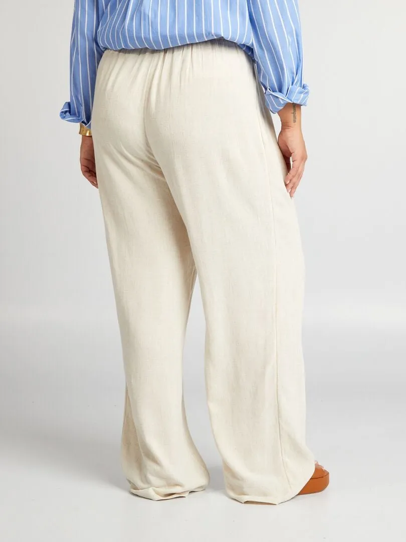 Pantalon large à taille élastiquée - Beige