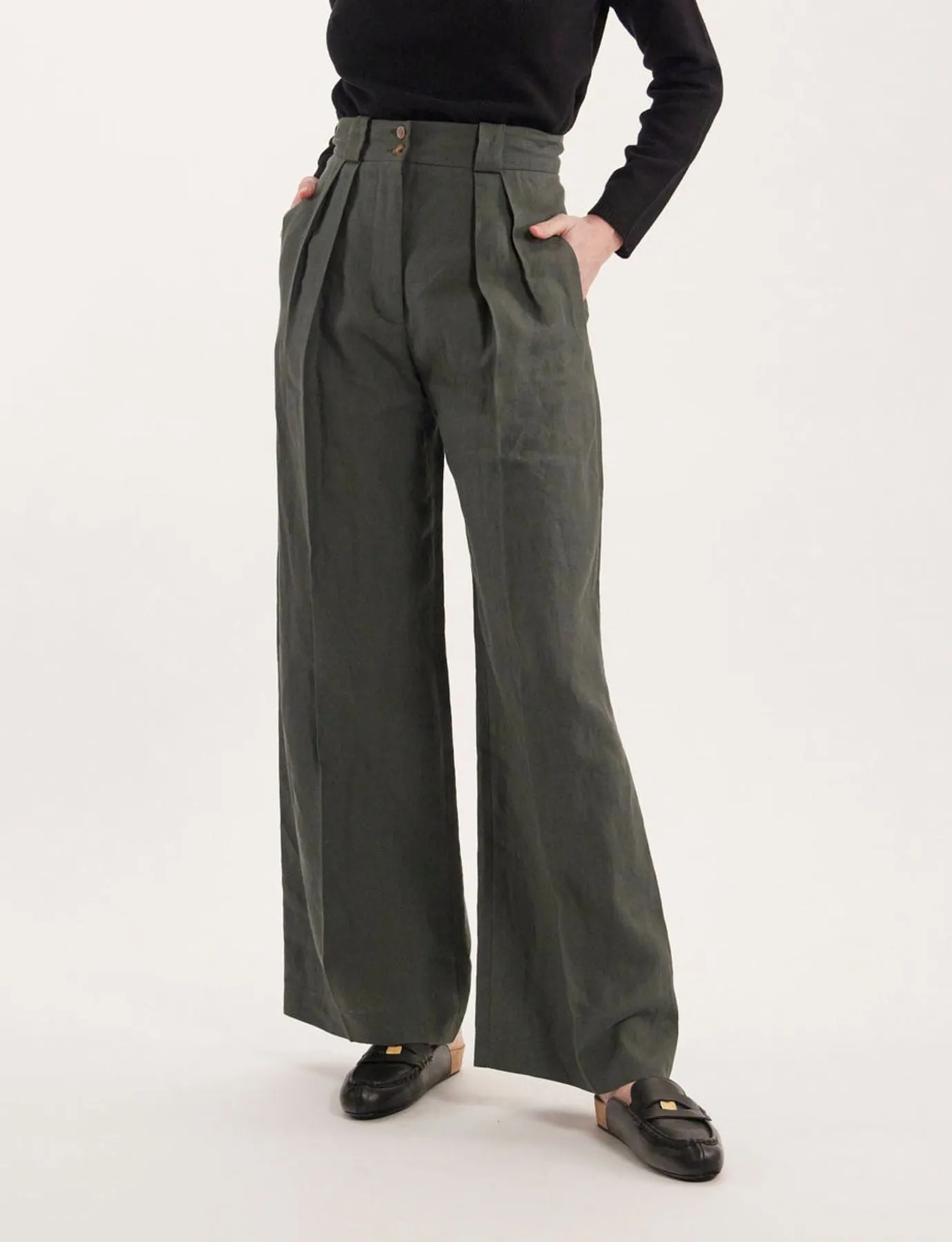 Pantalon Marlène en lin vert foncé