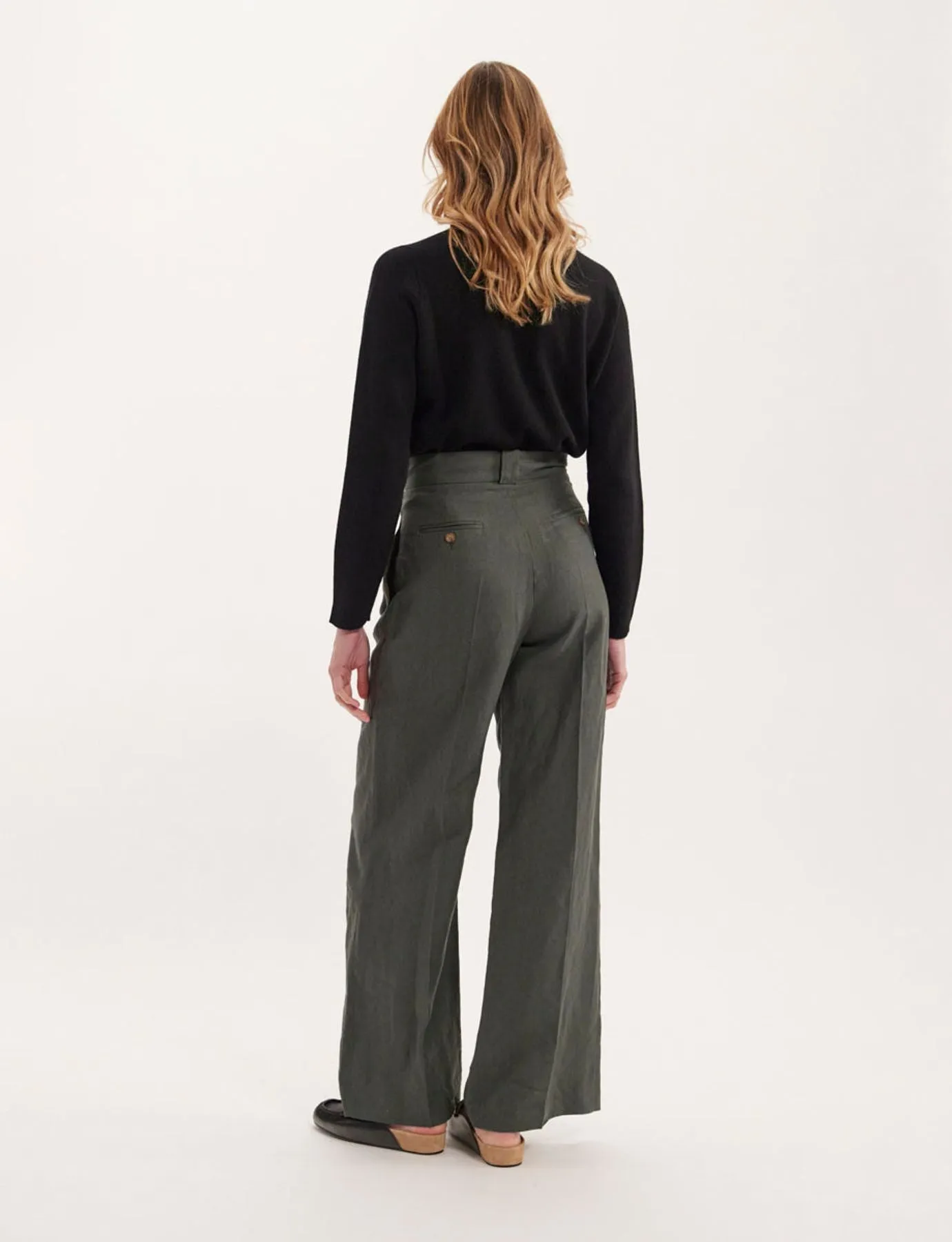 Pantalon Marlène en lin vert foncé