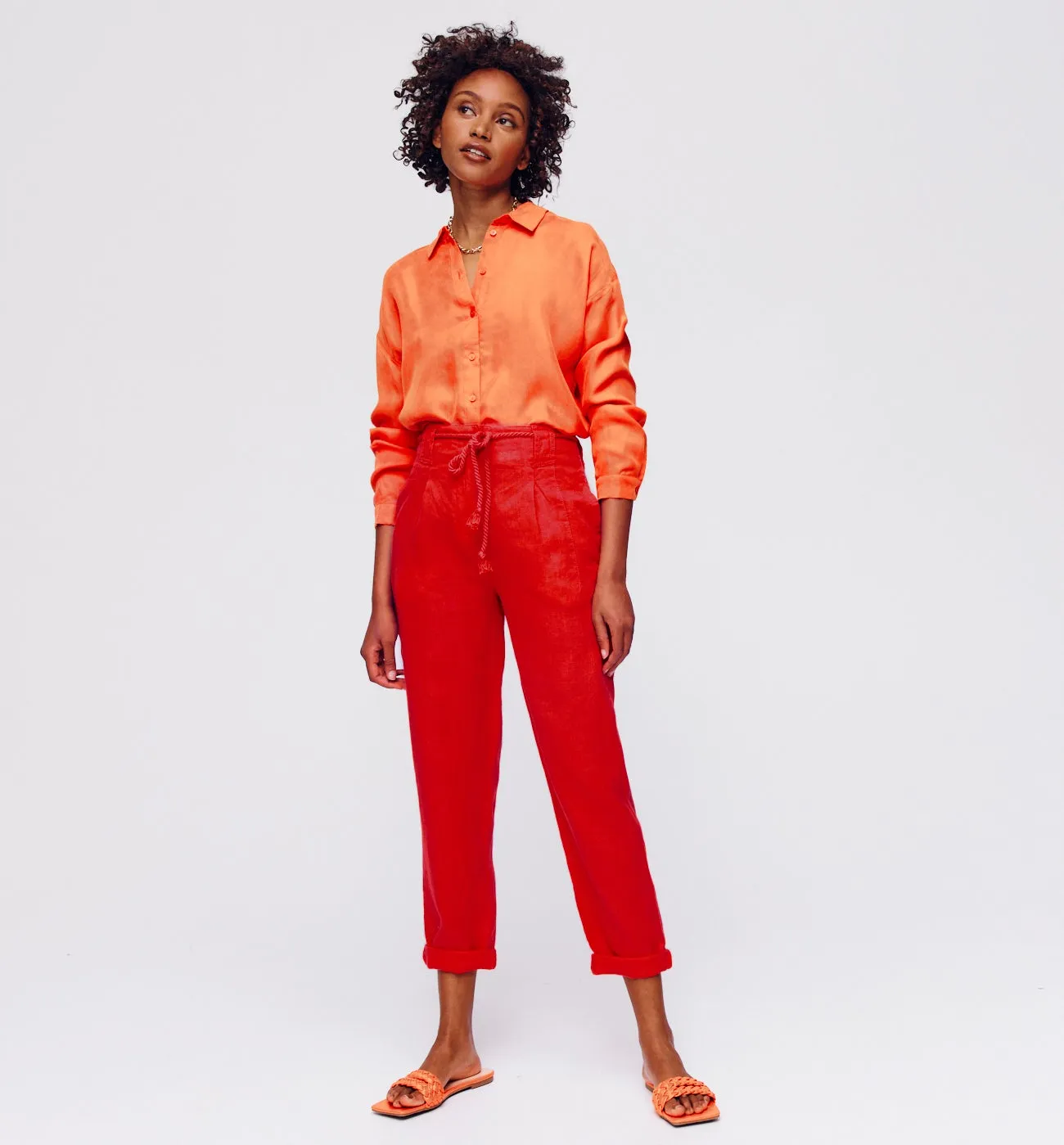 Pantalon taille haute en lin - Orange