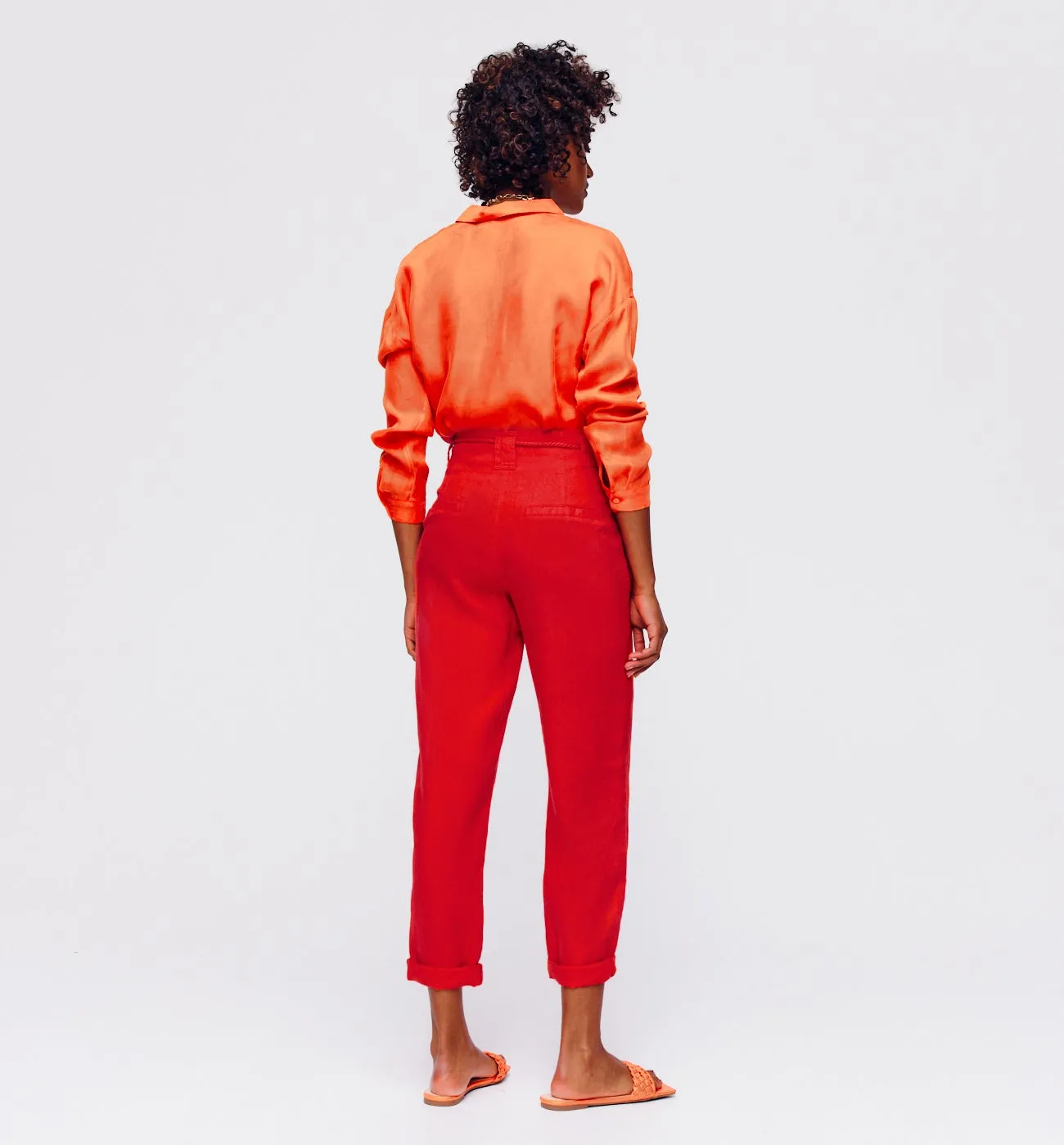 Pantalon taille haute en lin - Orange