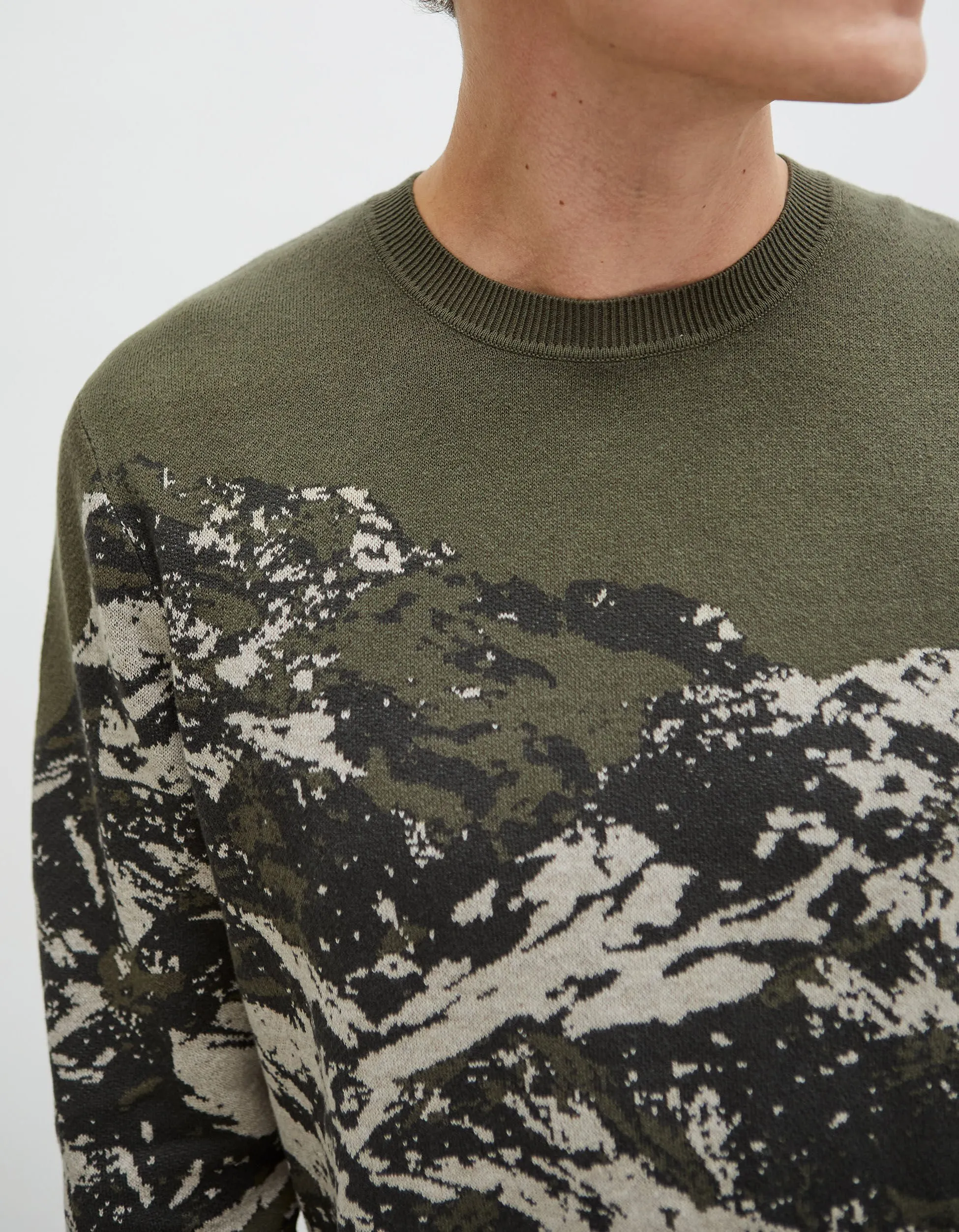 Pull sauge tricot visuel montagne Homme