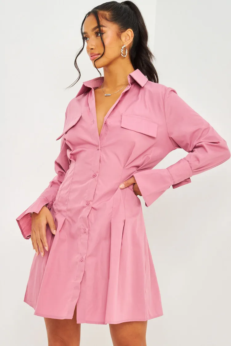 Robe chemise rose cintrée