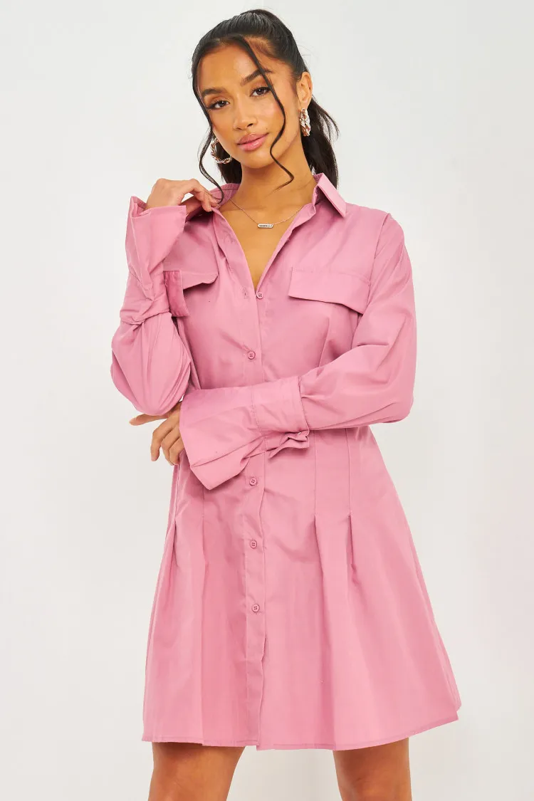 Robe chemise rose cintrée