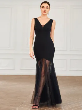 Robe de soirée plissée en tulle contrasté à col en V Sirène