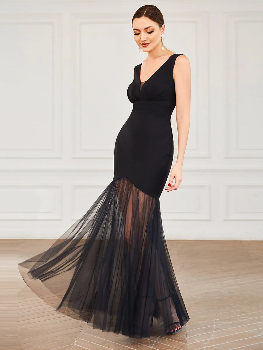 Robe de soirée plissée en tulle contrasté à col en V Sirène