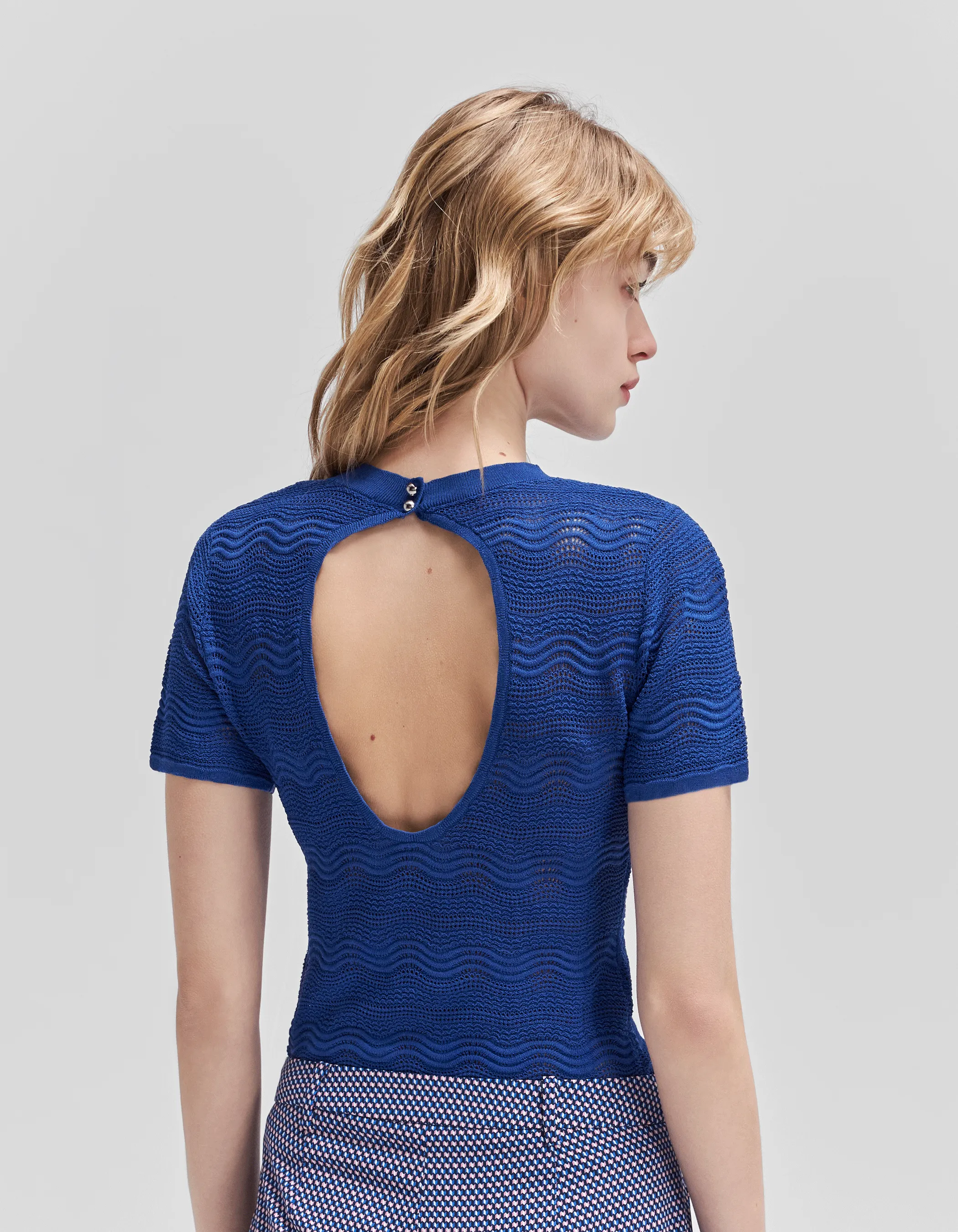 T-shirt cobalt tricot fantaisie ajouré dos-nu Femme