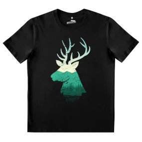 T-Shirt Noir 100% coton Silhouette Cerf | Animaux de la Foret | imprimé haute résolution