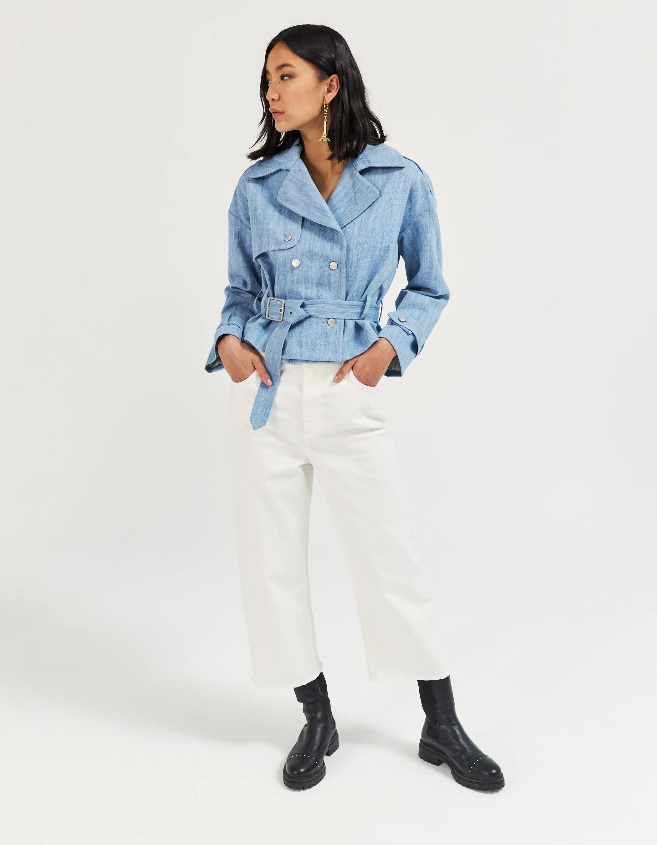 Trench court en denim bleu clair femme