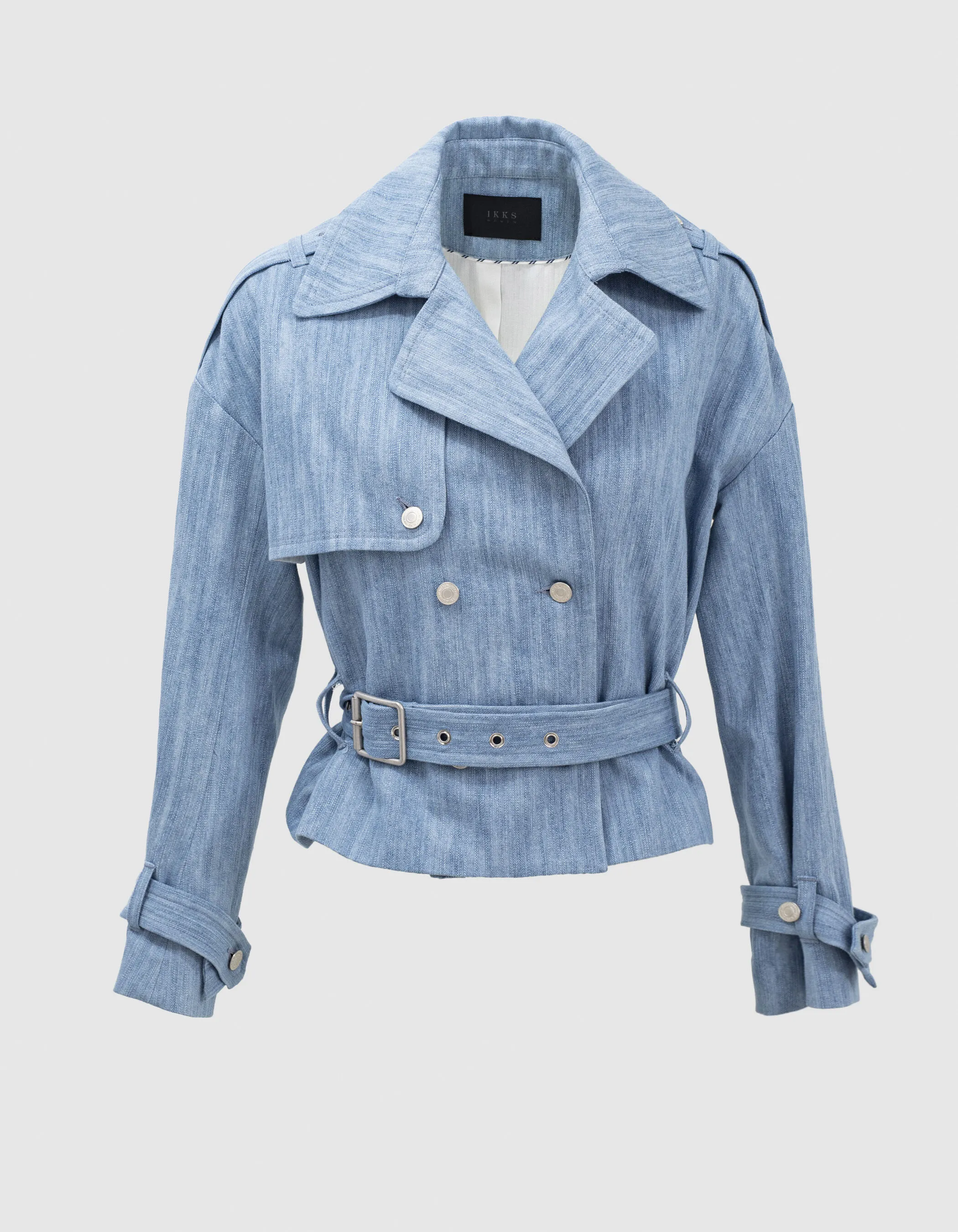 Trench court en denim bleu clair femme