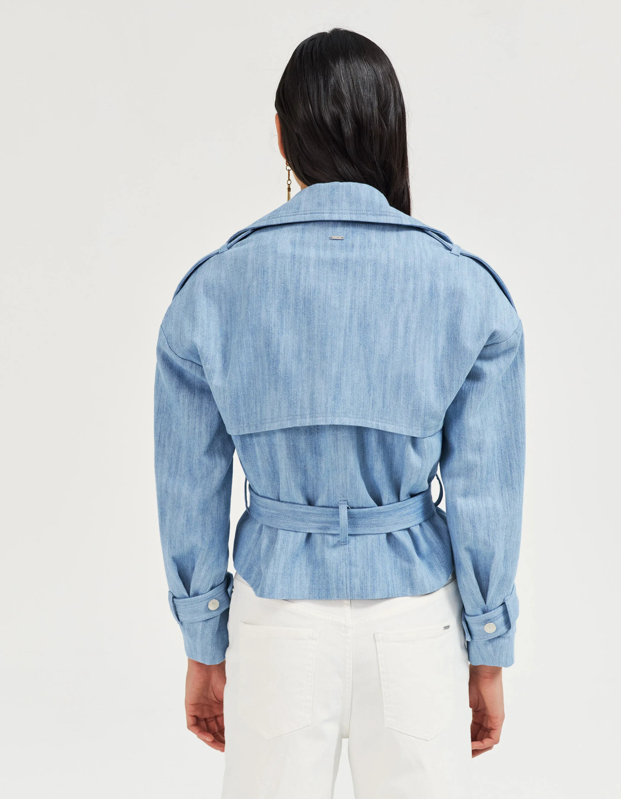 Trench court en denim bleu clair femme