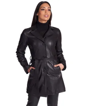 Trench cuir femme avec ceinture cuir plongé couleur noir Stefany