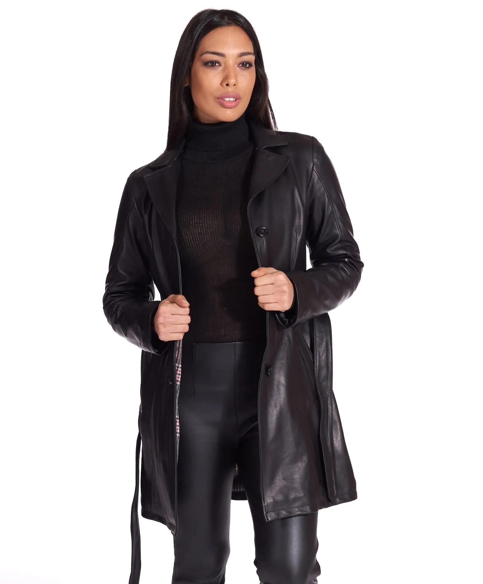 Trench cuir femme avec ceinture cuir plongé couleur noir Stefany