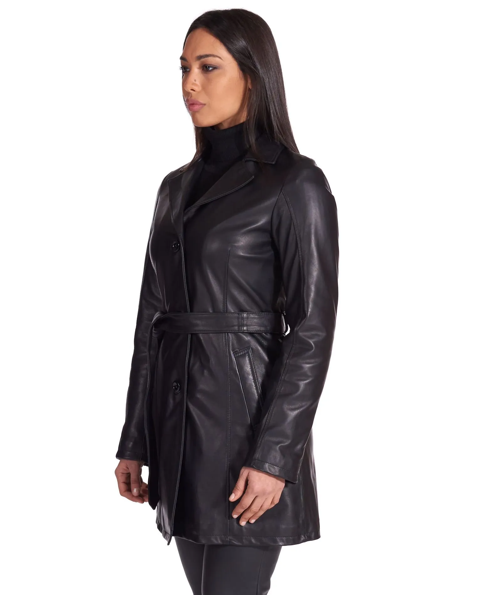 Trench cuir femme avec ceinture cuir plongé couleur noir Stefany