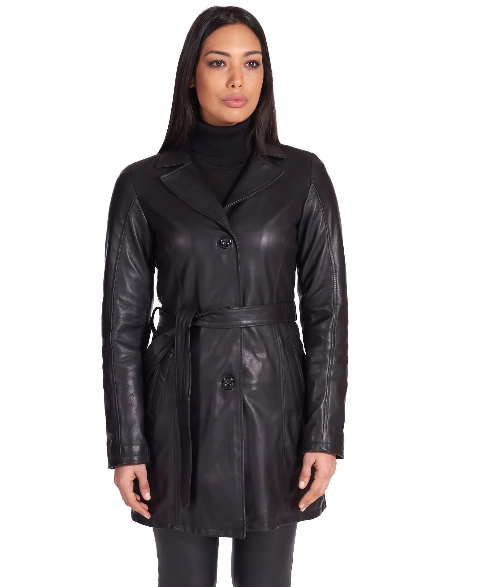 Trench cuir femme avec ceinture cuir plongé couleur noir Stefany