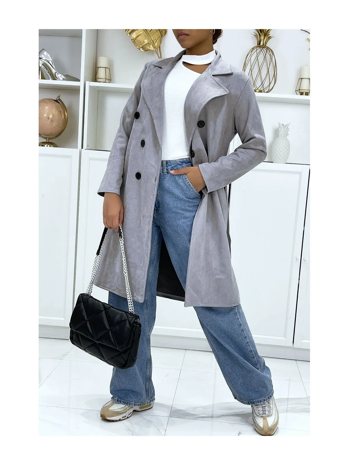 Trench gris en suédine très chic pour femme