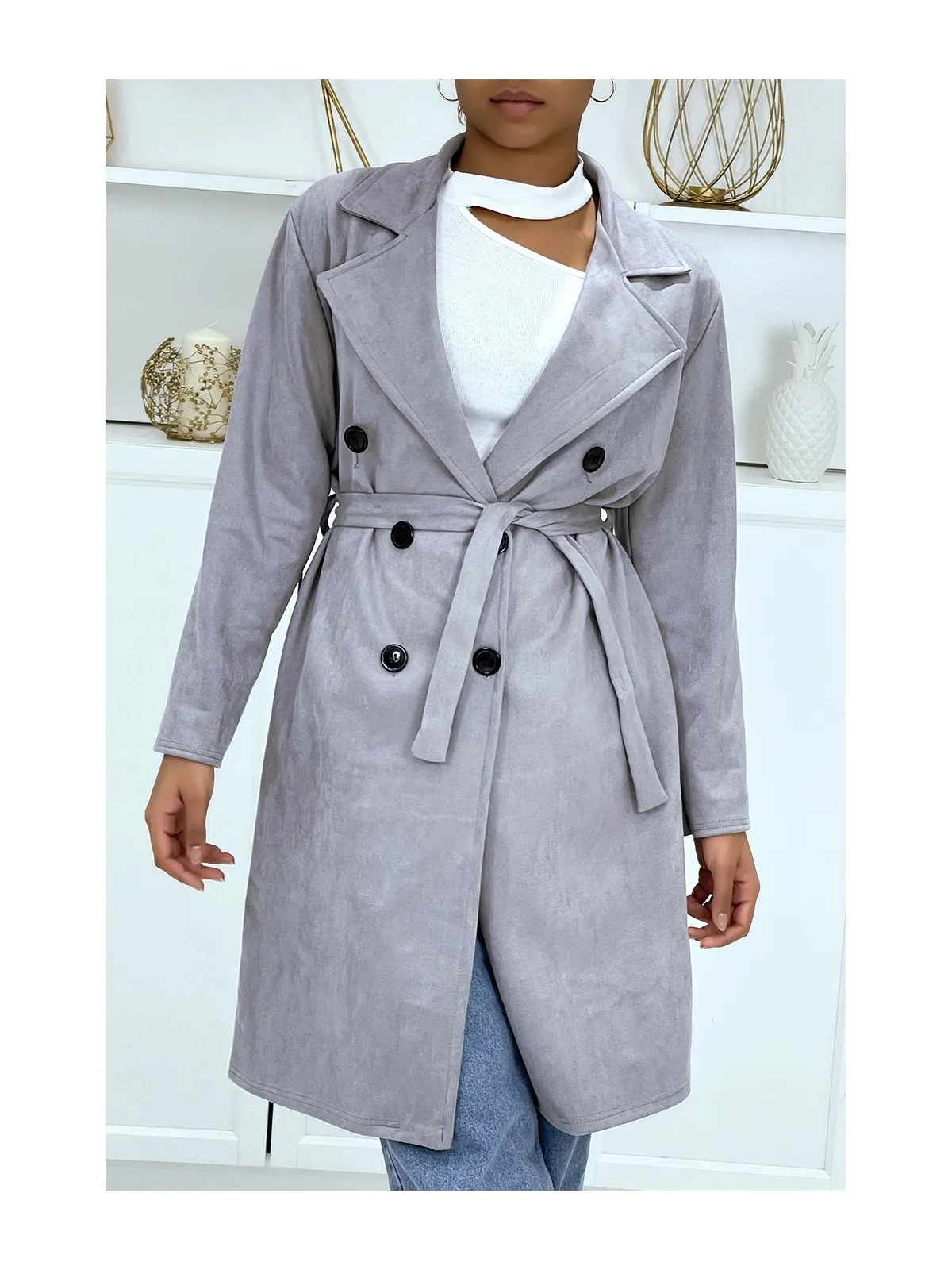 Trench gris en suédine très chic pour femme