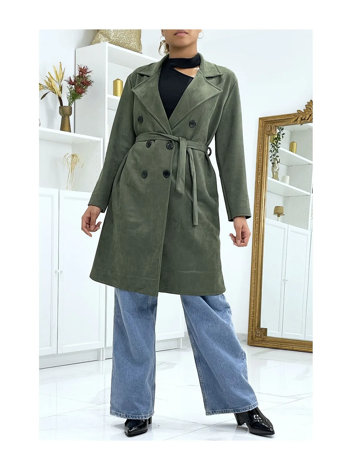 Trench kaki en suédine très chic pour femme