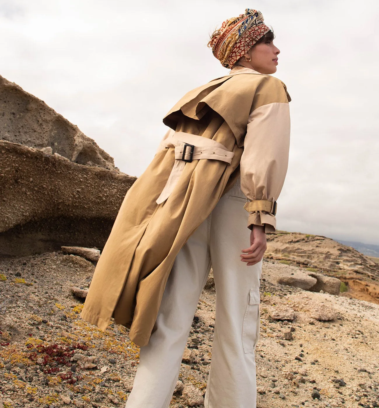 Trench long bicolore Femme - Beige