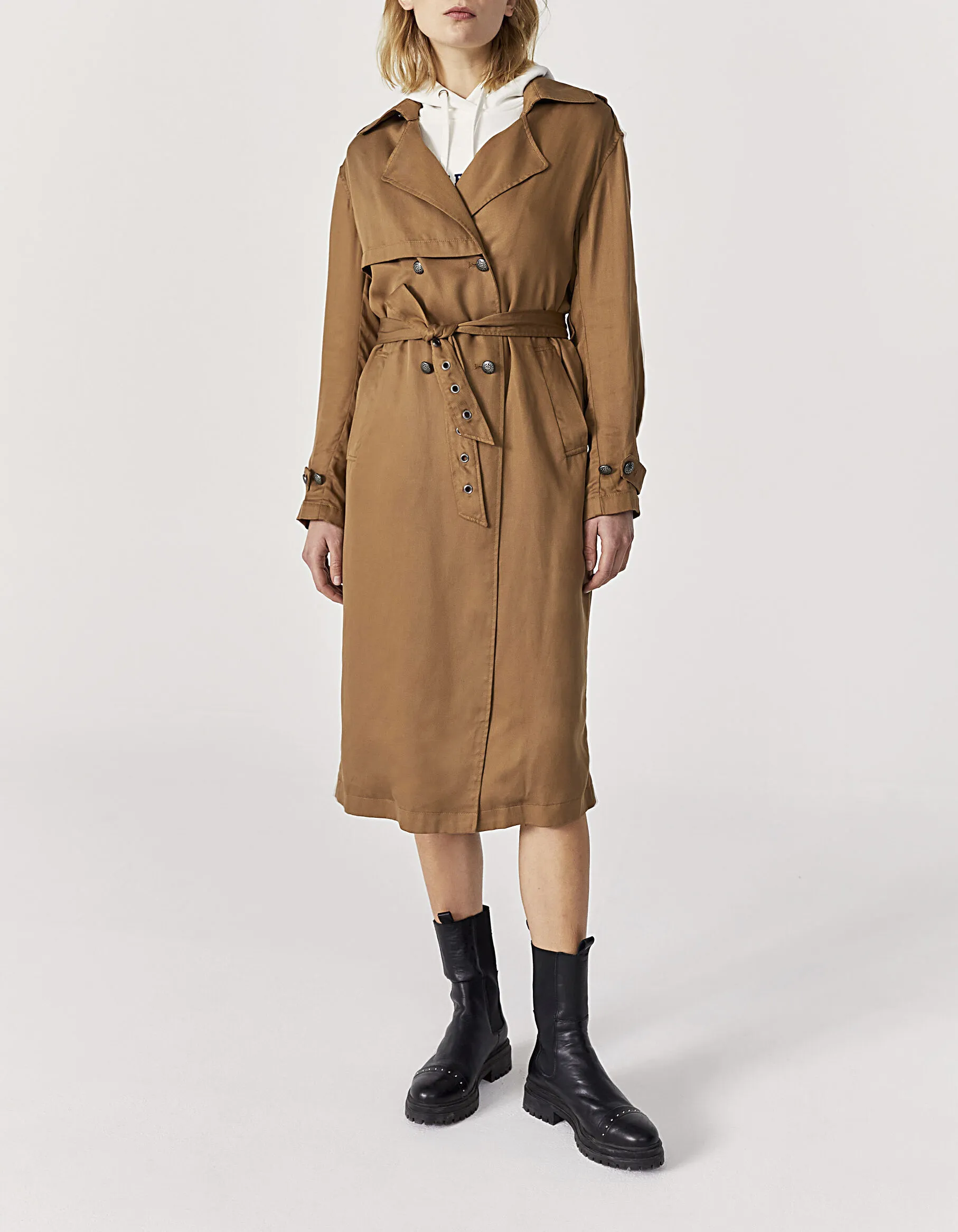 Trench long en tencel beige ceinture amovible femme