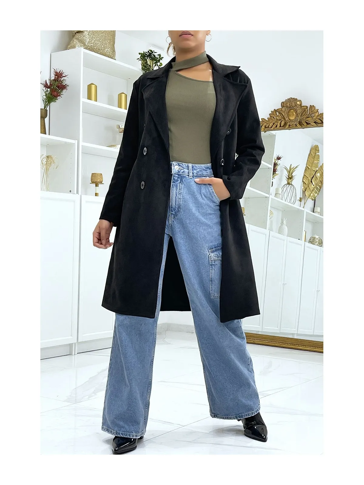 Trench noir en suédine très chic pour femme