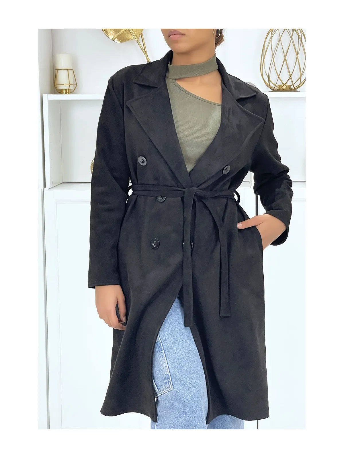 Trench noir en suédine très chic pour femme