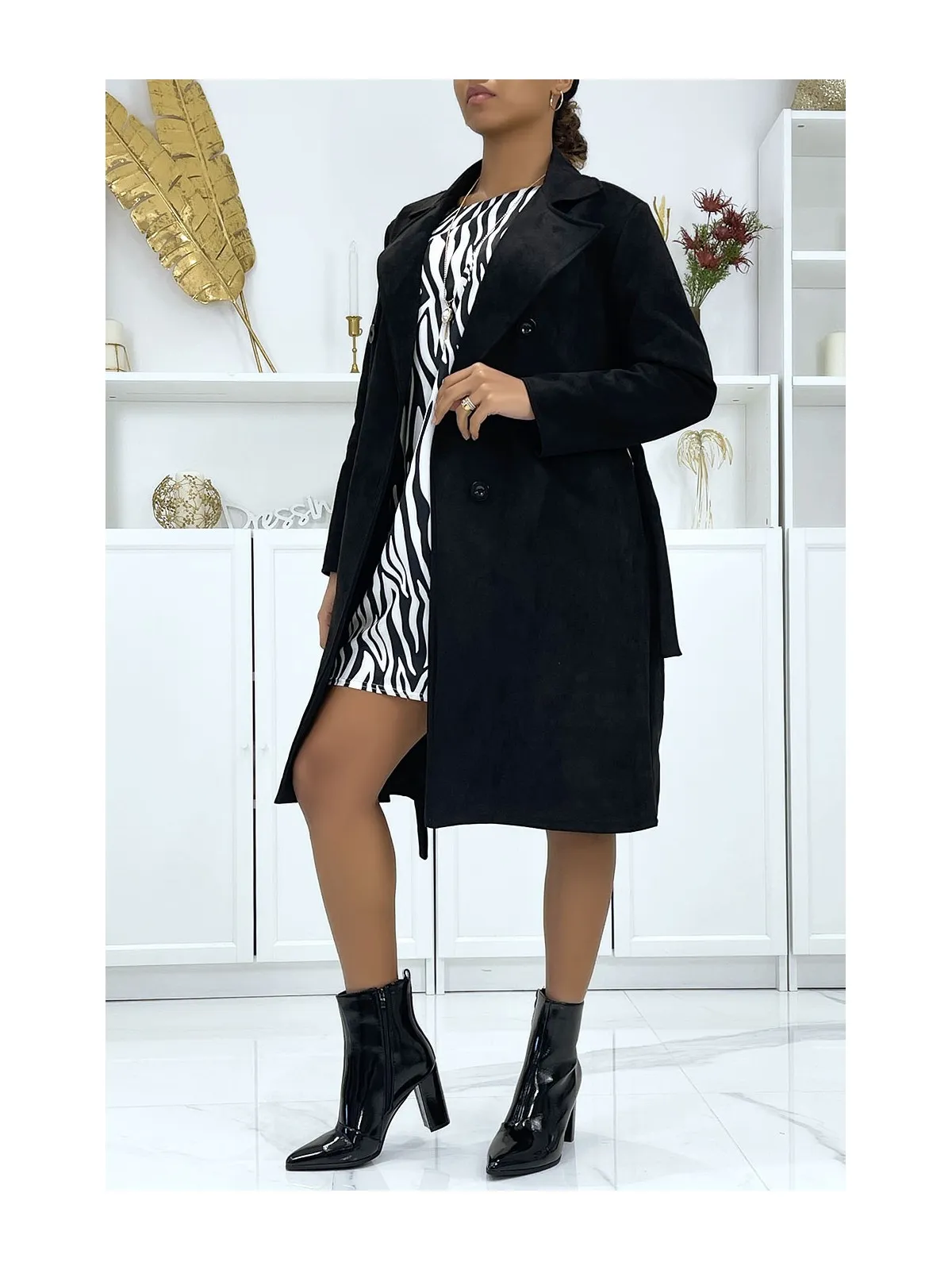 Trench noir en suédine très chic pour femme