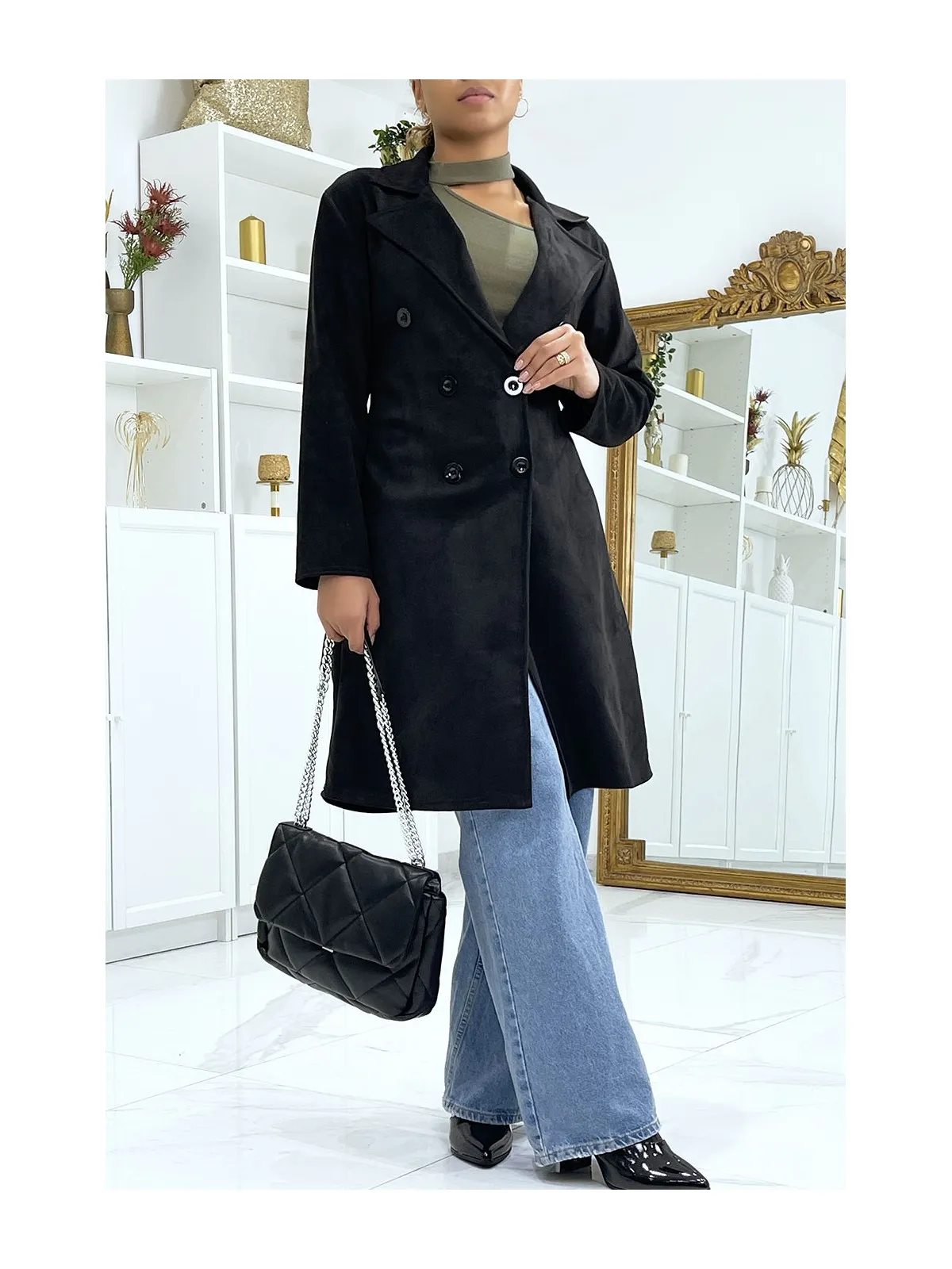 Trench noir en suédine très chic pour femme